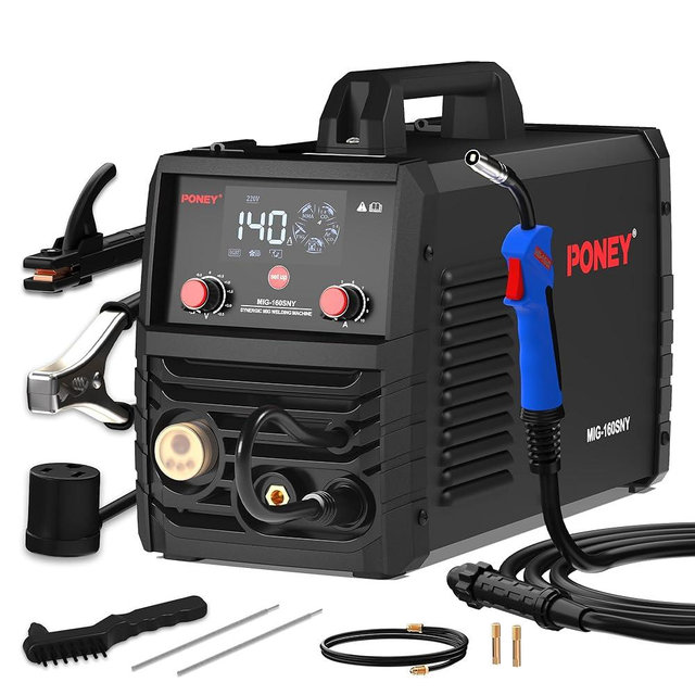 PONEY 140A MIG Welding Machine 110V/220V - 5 in 1 MIG/MAG/FLUX/TIG LIFT/MMA Welder Machine with Synergic Control IGBT Inverter and Digital Screen Display