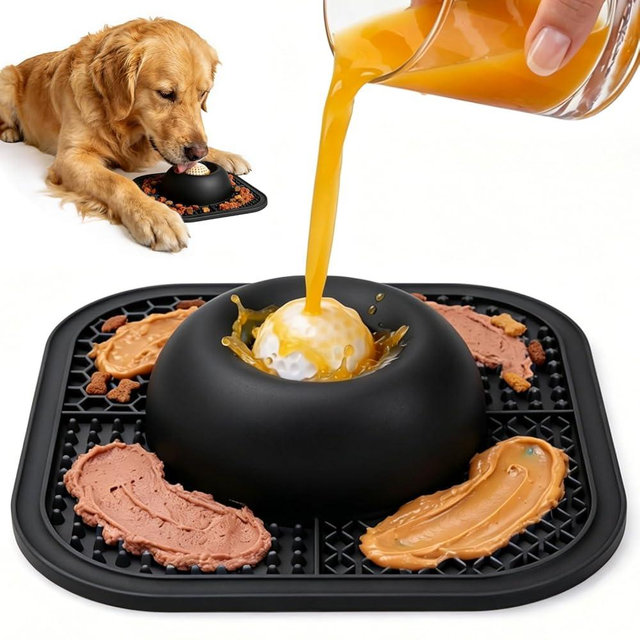PetsHome Slow Feeder Dog Bowls & Lick Mat for Liquid and Thick Treat, Anti-Slip Dog Lick Bowl with Interactive Rolling Ball, 5/6 Cup Pup Licking Toy for Large Medium Small Dogs and Cats Black