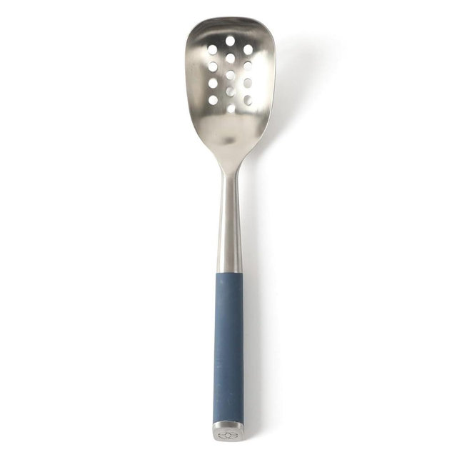 Calphalon Edge Slotted Spoon, Kitchen Stainless Steel Strainer Spoon with Heat Resistance Silicone Handle, Nonstick-Safe Straining Spoon, Durable Kitchen Utensil (Navy Blue)
