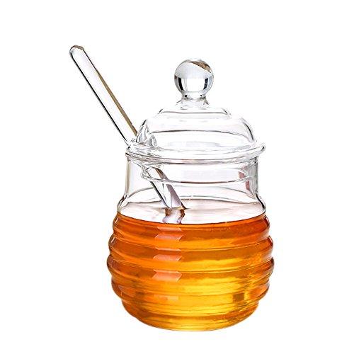 Itikky Honey Pot with Dipper and Lid Borosilicate Glass Beehive Style 9.5 fl oz