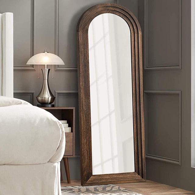 MAYEERTY Full Length Mirror 65"x22", Arched Full Body Mirror with Solid Wood Frame, Floor Mirror with Back Hooks , Large Hanging Wall Mirror Coffee