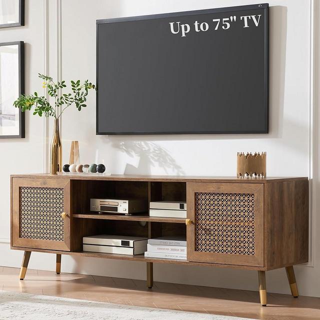 JYED DECOR Modern Entertainment Center for TVs up to 75 inches, Boho TV Console with Storage Cabinet and Open Shelves, Large TV Stand for Living Room, Bedroom, Office, Rustic