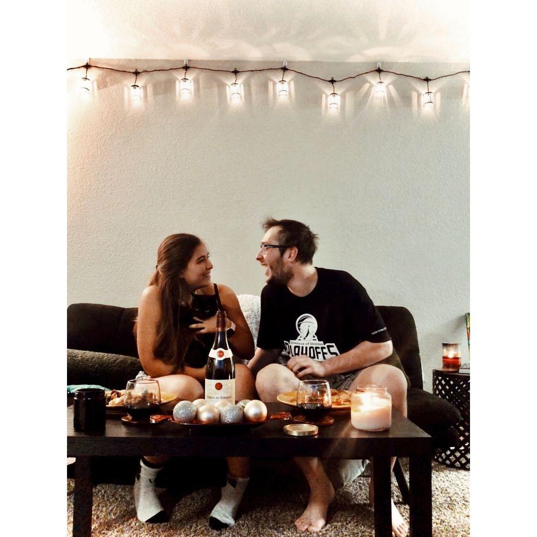 Anniversary dinner in our old apartment with Rosie, "Marry Me Chicken", and PJ's