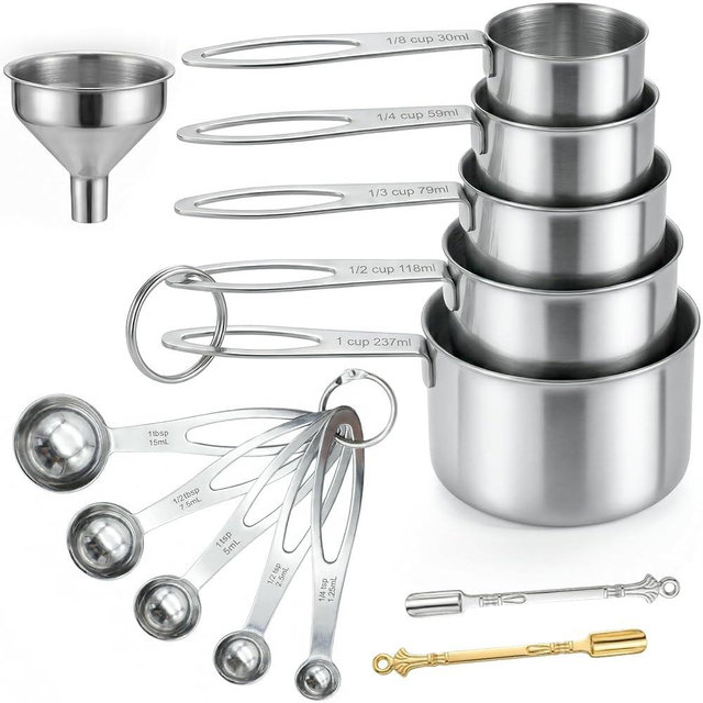 13PCS Stainless Steel Measuring Cups and Spoons Set with Funnel, Stackable Metal Measuring Cup and Spoon Set for Baking Cooking, Dishwasher Safe Kitchen Tools with for Dry & Liquid Ingredients
