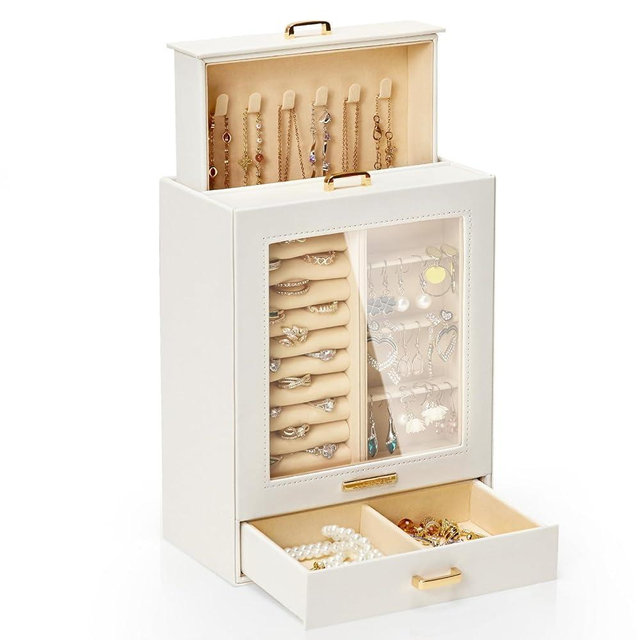 Homde Jewelry Organizer Girls Women Jewelry Box for Necklaces Rings Earrings Gift Bracelets Storage Case (White + Gold)