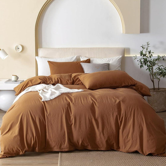 JIYUAN 100% Washed Cotton Duvet Cover Set Comfy Simple Style Soft Breathable Textured Durable Linen Feel Bedding for All Seasons Queen, Solid Burnt Orange