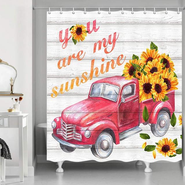Fall Farmhouse Style Sunflower Shower Curtain, Red Truck with Yellow Flower on Rustic Wooden Fabric Shower Curtain, Inspirational Quote You are My Sunshine Shower Curtain for Bathroom, 69X70in