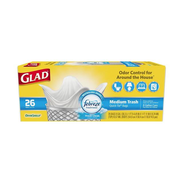 Glad Medium Quick-Tie Trash Bags + OdorShield White Trash Bags - Febreze Fresh Clean - 8 Gallon - 26ct