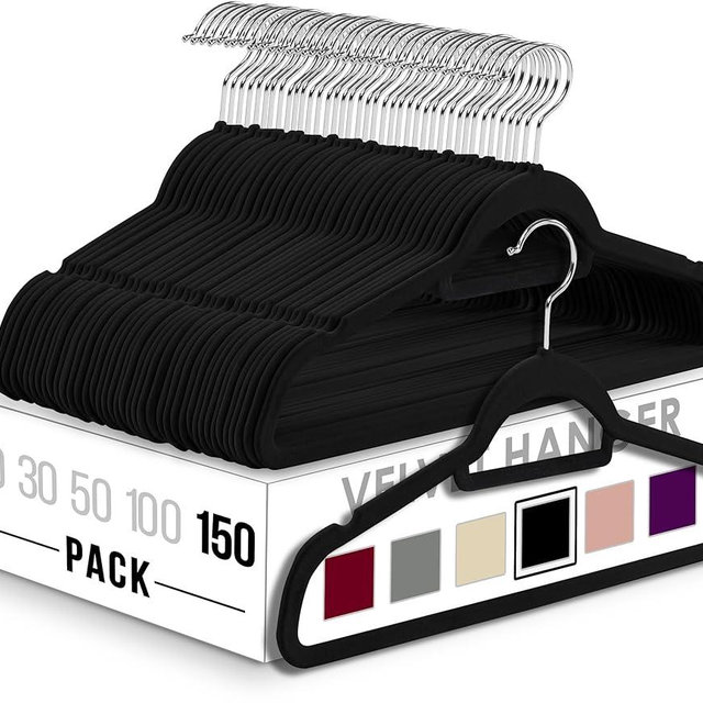 Utopia Home Premium Velvet Hangers 150 Pack - Non-Slip Clothes Hangers with Tie Bar - Black Hangers - Standard Hangers with 360 Degree Rotatable Hook - Heavy Duty Coat Hangers