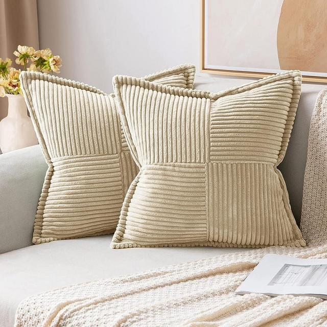 MIULEE Cream Corduroy Pillow Covers with Splicing Set of 2 Super Soft Couch Pillow Covers Broadside Striped Decorative Textured Throw Pillows for Cushion Bed Livingroom 18 x 18 inch