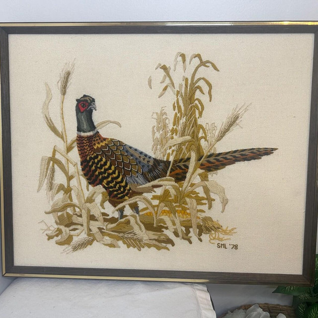 Vintage Framed Pheasant Crewel Embroidery Vintage Pheasant Needlework Vintage Pheasant Art Vintage Bird Lover Vintage Mid Century Art