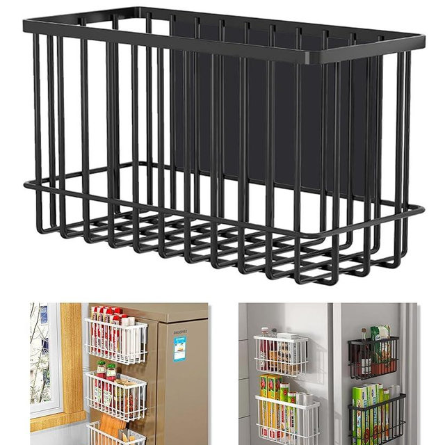 Magnetic Refrigerator Organizer Magnetic Basket Kitchen Organizer Metal Ziplock Bag Storage Organizer (10.25"L x 3.2"W x 6"H, Black)