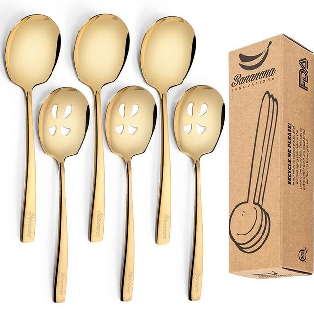 Stainless Steel Serving Spoon x 3, Slotted Serving Spoon x 3, 9.14 Inches Large Serving Utensils Set of 6 for Catering, Dishwasher Safe (Gold)