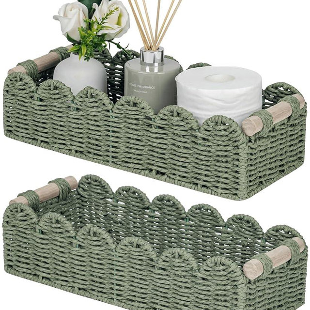 CubesLand Bathroom Basket Organizer, Toilet Tank Paper Storage Baskets 2-Pack, Scalloped Decorative Basket for Countertop w/Handle, Wicker Basket for Bathroom Decor, Home Decor, Living Room, Green