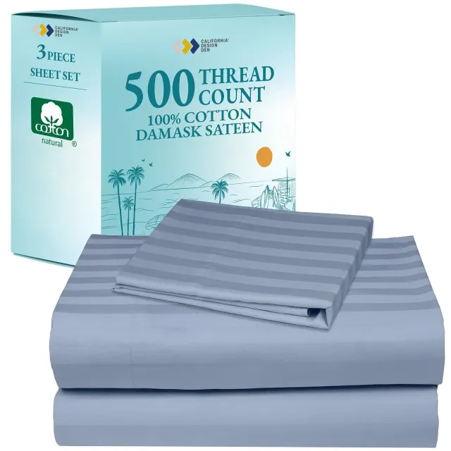 500 Thread Count Bed Sheets - 100% Cotton Sateen Sheets Set, Soft, Breathable, Deep Pocket by California Design Den - Sky Blue Striped, Twin