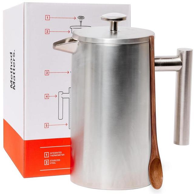 Barista Warrior French Press with Thermometer - Insulated Coffee Press - Stainless Steel French Press Coffee Maker (1.0L, 34 fl oz, Silver)