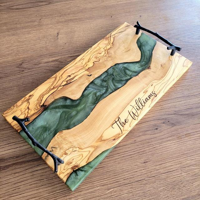 Custom Charcuterie Board , Personalized Serving Tray With Handle , Green Resin Olive Wood Cheese Board , Housewarming Gift , Gift For Mom