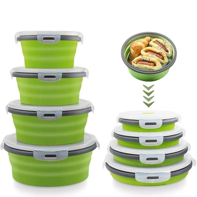 Vanukeys Collapsible Bowls with Lids, Space Saving Silicone Food Storage Containers for Travel Essentials, Camper Must Haves Rv Camping Accessories for Trailers inside, Salad Container for Lunch Green