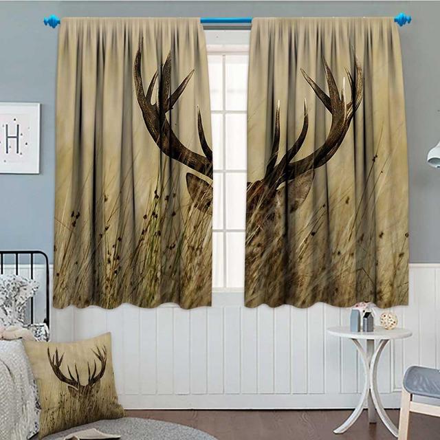 SeptSonne-Home Antler Decor Blackout Window Curtain Whitetail Deer Fawn in Wilderness Stag Countryside Rural Hunting Theme Customized Curtains 52"x63" Brown Sand Brown