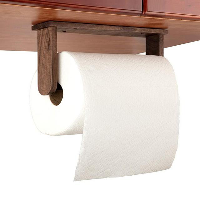 Walnut Paper Towel Holder Under-Cabinet - Adhesive No Drill Wood Papertowel Holders for Kitchen, Easy Tear Paper Roll Holder Under The Cupboard, Wall Mount Hanging Kitchen Organizer Towel Holder