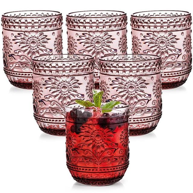 Hacaroa 6 Pack 12 Oz Drinking Glasses, Vintage Water Glasses Purple Colored Glassware Heavy Duty, Decorative Floral Embossed Beverages Tumblers for Whisky, Beer, Juice, Wine