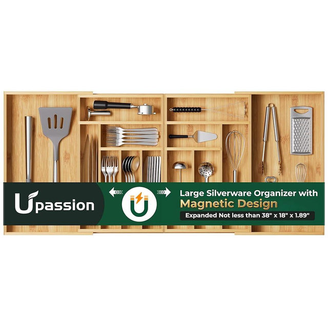 Large Silverware Organizer, 13 Slots Magnetic Connected Expandable Bamboo Utensil Drawer Organizer From 21 to 37.4 Inches, Adjustable Flatware and Cutlery Holder, Utensil Tray for Kitchen Natural