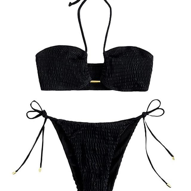 SweatyRocks Women's 2 Piece Bathing Suit Ribbed Tie Side Halter Bikini Swimsuit