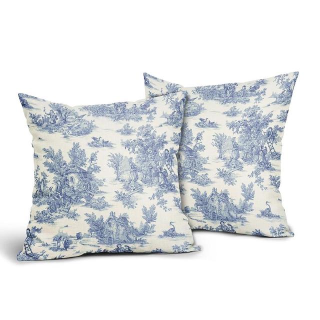 aportt French Country Pillow Covers Set of 2 16x16 Inch Vintage Toile Blue Cotton Linen Polyester Decorative Throw Pillow Case Cushion Cover for Bedroom Sofa Living Room Couch Chair Office