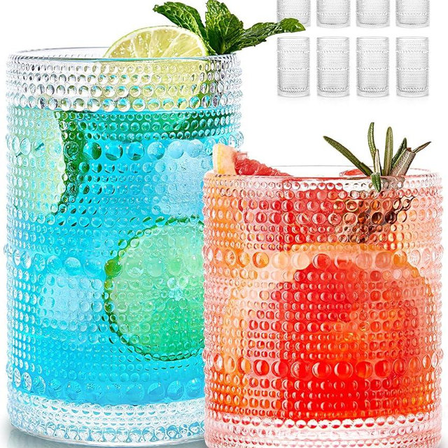 Hobnail Drinking Glasses Set of 8, 4pcs 15oz Highball Glasses & 4pcs 12oz Clear Glass Cups,Kitchen Bar Vintage Embossed Glassware Sets for Whiskey,Cocktail,mocktails,Wine, Water & Juice Drinkware