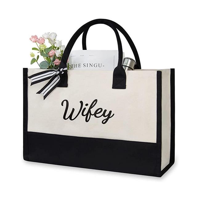 TOPDesign Canvas Tote Wifey Bag, Bride Gifts for Wedding, Bridal Shower, Bachelorette Party, Engagement, Honeymoon-Valentine’s Day Anniversary Present from Husband Groom