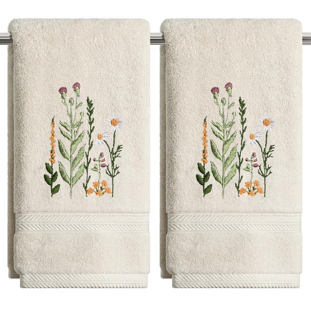Artoid Mode 2 Pcs Beige Wildflower Floral Embroidered Hand Towels for Bathroom, 100% Cotton Soft Absorbent Farmhouse Decor Towels, 13.7 x 29.5 Inch