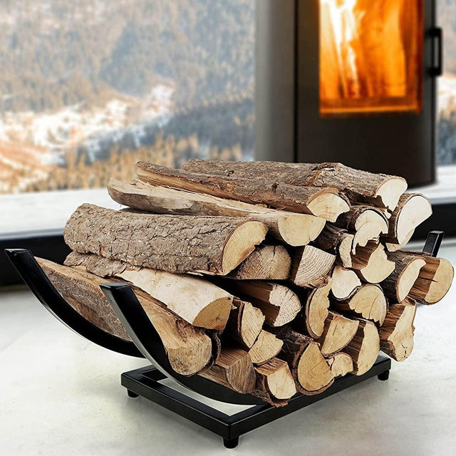 JUNSHUO Curved Firewood Rack （30-Inch/Black） Heavy Duty Small Firewood Holder for Fireplace，Indoor/Outdoor Log Rack Wood Holder