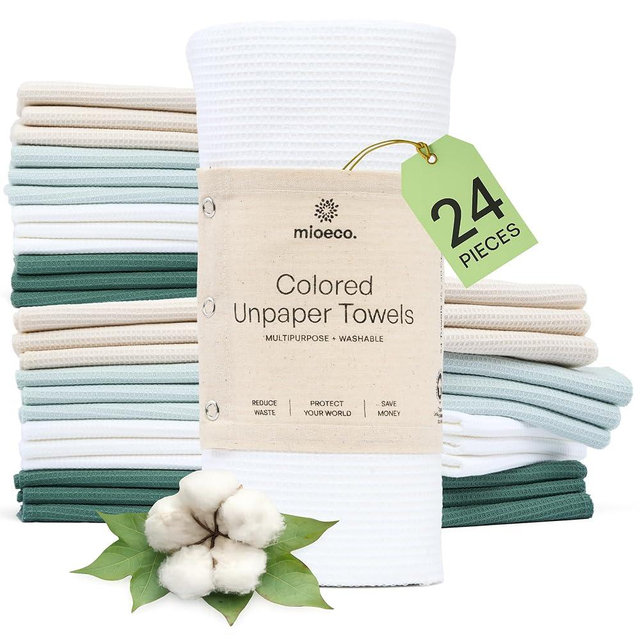 mioeco 24 Pack Multicolored Reusable Paper Towels - Nature Friendly - Organic Cotton Alternative - Thick, Strong, Paperless Kitchen Dish Cloths - Reusable Napkins - Dish Towels - Cloth Napkin