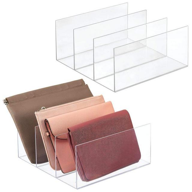 mDesign Plastic Divided Purse Organizer for Closets, Bedrooms, Dressers - Closet Storage Solution for, Purses, Clutches, Wallets, Accessories - 3 Sections, 2 Pack - Clear
