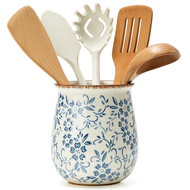 Utensil Holder for Kitchen Counter, Modern Farmhouse Cooking Utensil Holder and Crock Home Kitchen Decor, Ceramic Utensil Organizer for Spatula, Ladle, Eggbeater, Rolling Pin- Blue and White Porcelain