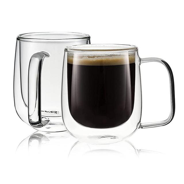 Vzaahu Double Wall Insulated Glasses Espresso Cups with Handle [2-Pack,10 Oz] Clear Glass Coffee Mug Set for Cappuccino Tea Latte Beverage, Glasses Heat Resistant Dishwasher Microwave Safe