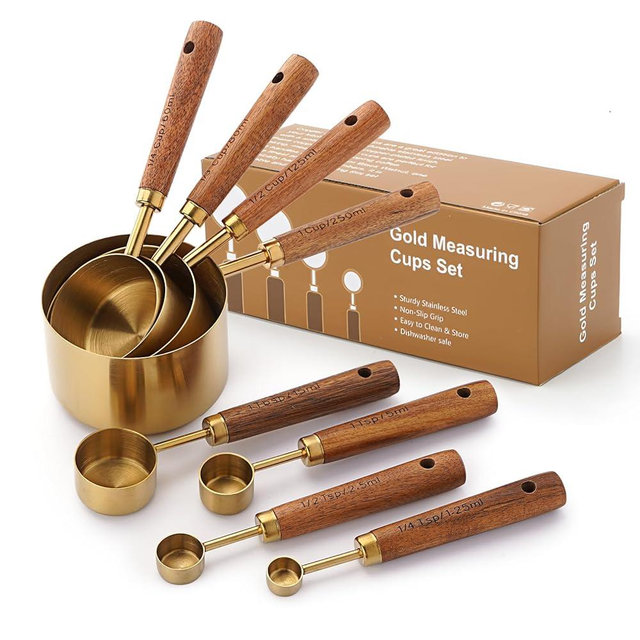 Gold Measuring Cups and Spoons Set, 8 Piece Premium Stainless Steel Measuring Cups with Wood Handles for Baking Supplies in the Kitchen (Gold)