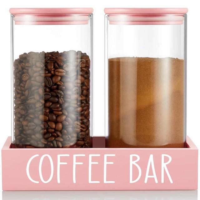 Pink Coffee Canister for Ground Coffee - 2 Pack 45oz Glass Coffee and Sugar Container Set with Airtight Lids and Tray - Pink Coffee Bean Storage Jars for Coffee Bar Kitchen Decor and Accessories