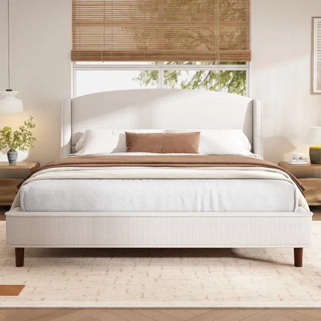 Christopher Knight Home Kristy Upholstered Platform Bed with Wingback Headboard, Beige, King