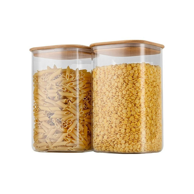 D2scrma 156oz Airtight Glass Square Storage Canister with Bamboo Lid Set of 2(4600ml*2) Large Gallon Glass Jars for Sugar, Flour, Cookies and Coffee beans (‎with Black Lable)