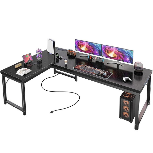 Huuger 63 Inch L Shaped Desk with Power Outlets and USB-C Port, Reversible Computer Desk, Larger Office Corner Gaming Desk, 0.95 Inch Thicker Desktop, Metal Frame, for Home Office, Study, Black