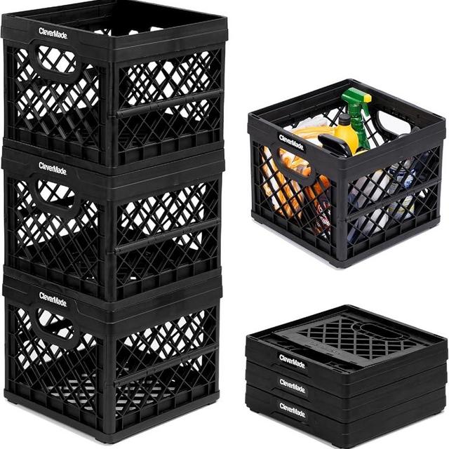 CleverMade Collapsible Milk Crate, Obsidian, 3PK - 25L (6 Gal) Stackable Storage Bins, Holds 50lbs Per Bin - Clevercrates are Heavy Duty, Plastic Collapsible Storage Crate for Multi Purposes