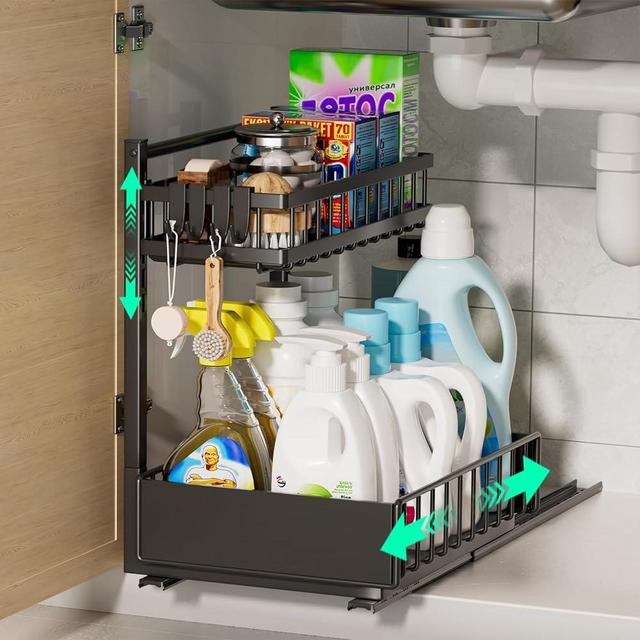 Hiviweer Under Sink Organizer and Storage, Height Adjustable Pull Out Cabinet Organizer,2 Tier Slide Out Sink Shelf Cabinet Storage Shelves, Under Sink Storage for Kitchen Bathroom Cabinet,Black