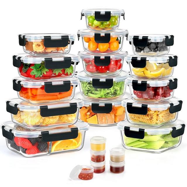 AMALEKO 42pcs Glass Food Storage Containers with Snap Locking Lids Set, Glass Meal Prep Containers (21 Containers & 21 Lids Include One 2 Compartments),Leak Proof Lunch Containers BPA-Free,Black