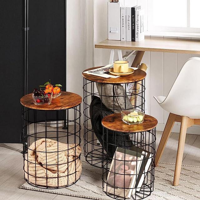 oneinmil Nesting End Table with Storage, Side Tables Wire Basket Table with Lid 3 Set, Round End Table with Removeable Top and Steel Frame for Living Room, Bedroom, Office, Rustic