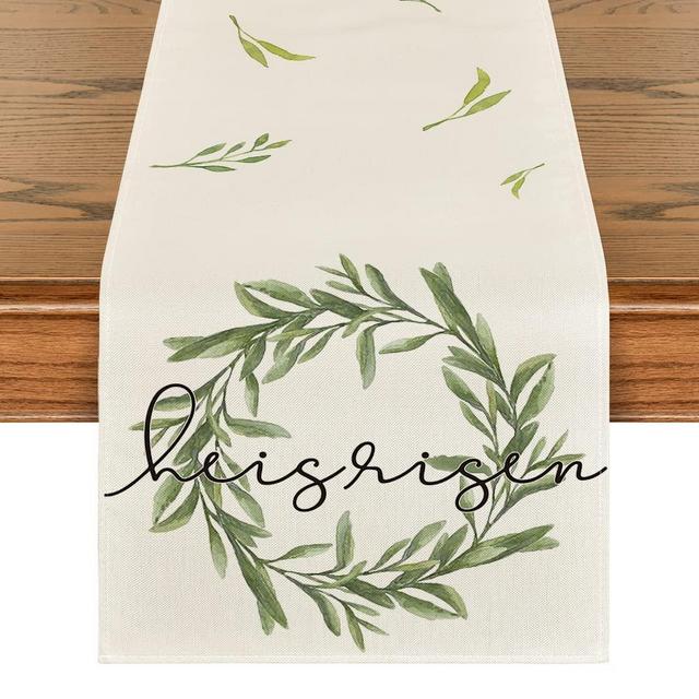 Artoid Mode He is Risen Blessed Wreath Easter Table Runner, Seasonal Spring Summer Holiday Kitchen Dining Table Decoration for Home Party Decor 13x72 Inch