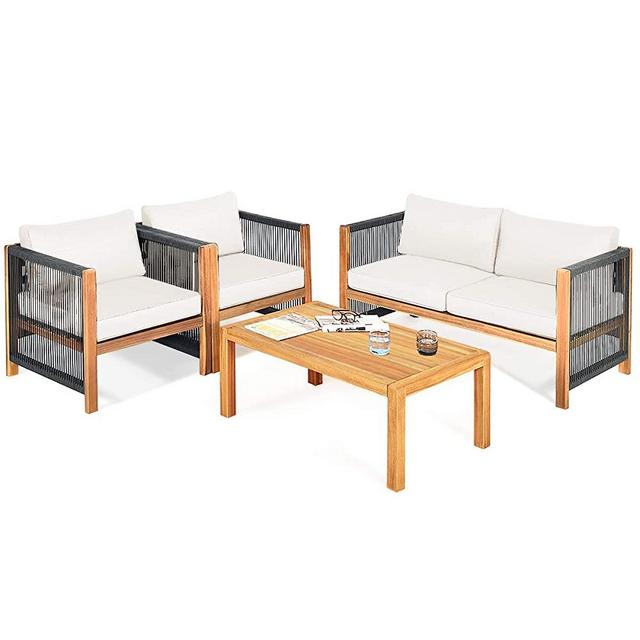 Tangkula Outdoor Wood Furniture Set, Acacia Wood Loveseat Sofa, 2 Single Chairs and Coffee Table, 4 Pieces Conversation Set with Cushions, Garden Balcony Poolside Outdoor Living Set (1, White)