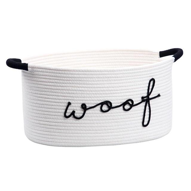 ZOMBATI Woof Dog Toy Basket Woven Pet Baskets Storage Bin Box with Durable Handles, Pet Supplies Puppy Bins Perfect for Organizing Dog Toys Blankets and Accessories