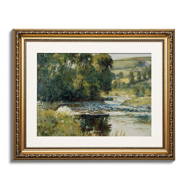 ARPEOTCY Vintage Gold Framed Wall Art, Nature Streamside Retro Paintings, Canvas Prints Artwork with Antique Frame, Victorian Wall Pictures Decor for Living Room Gallery Room 13x16 inch