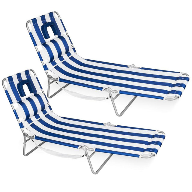 Romswi 2PK Folding Tanning Beach Chair with Face Hole, 5-Position Reclining Sun Lounger, Portable Face Down Tanning Chair with Arm Holes & Side Pocket for Beach, Pool, Patio, Navy and White Stripe